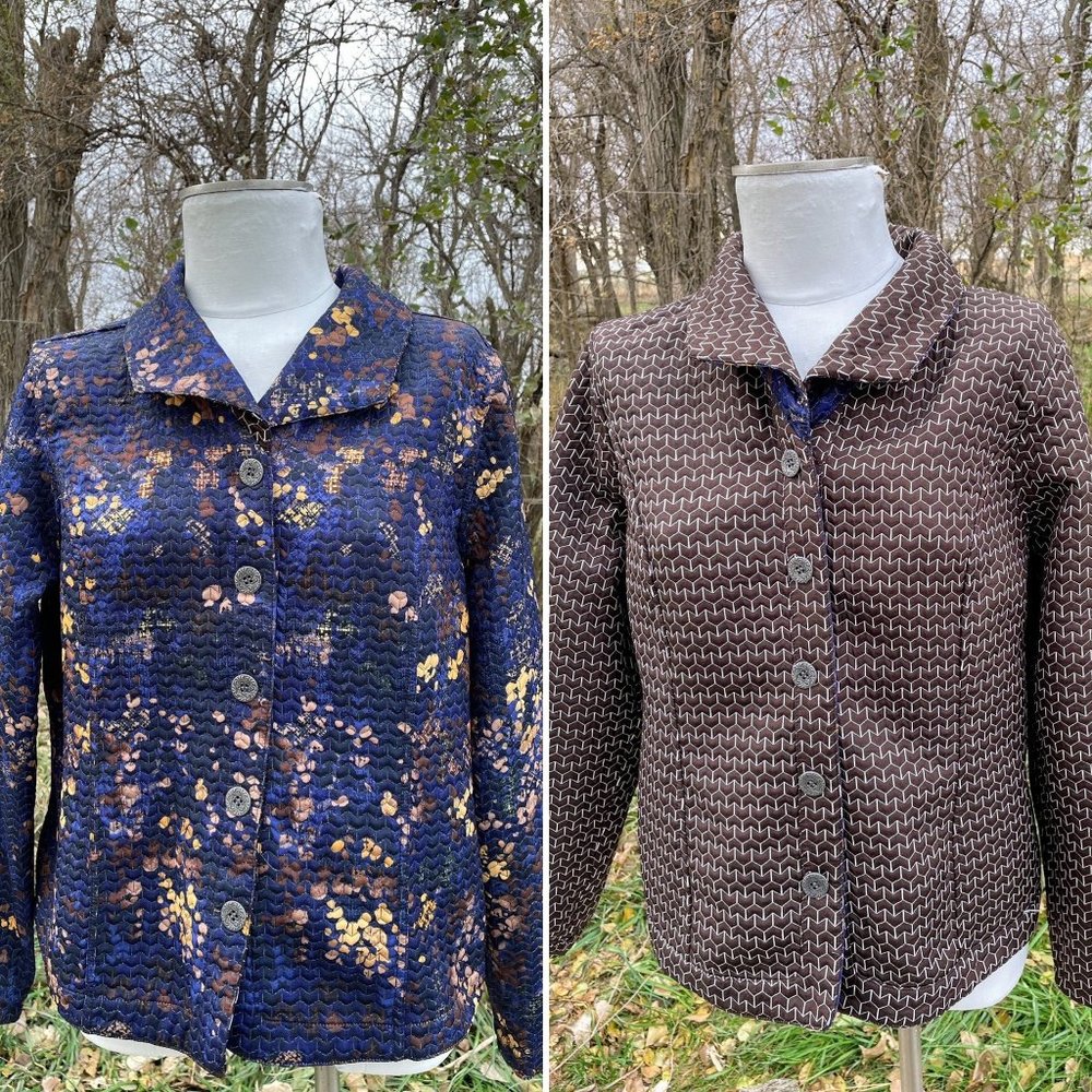 Vintage quilted Reversible Blazer Jacket  Abstract blue Brown
